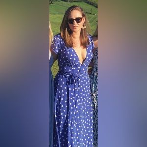 Tularosa “Sid” periwinkle blue and white polka dot wrap gown size L